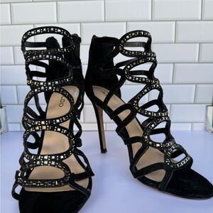 Black Strappy Gladiator Heels with Studded Embellishments